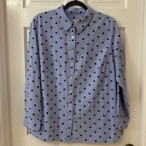 Talbots Polka Dot Shirt  Sz 2X Blue 100% Cotton Button Up Preppy Office Classic